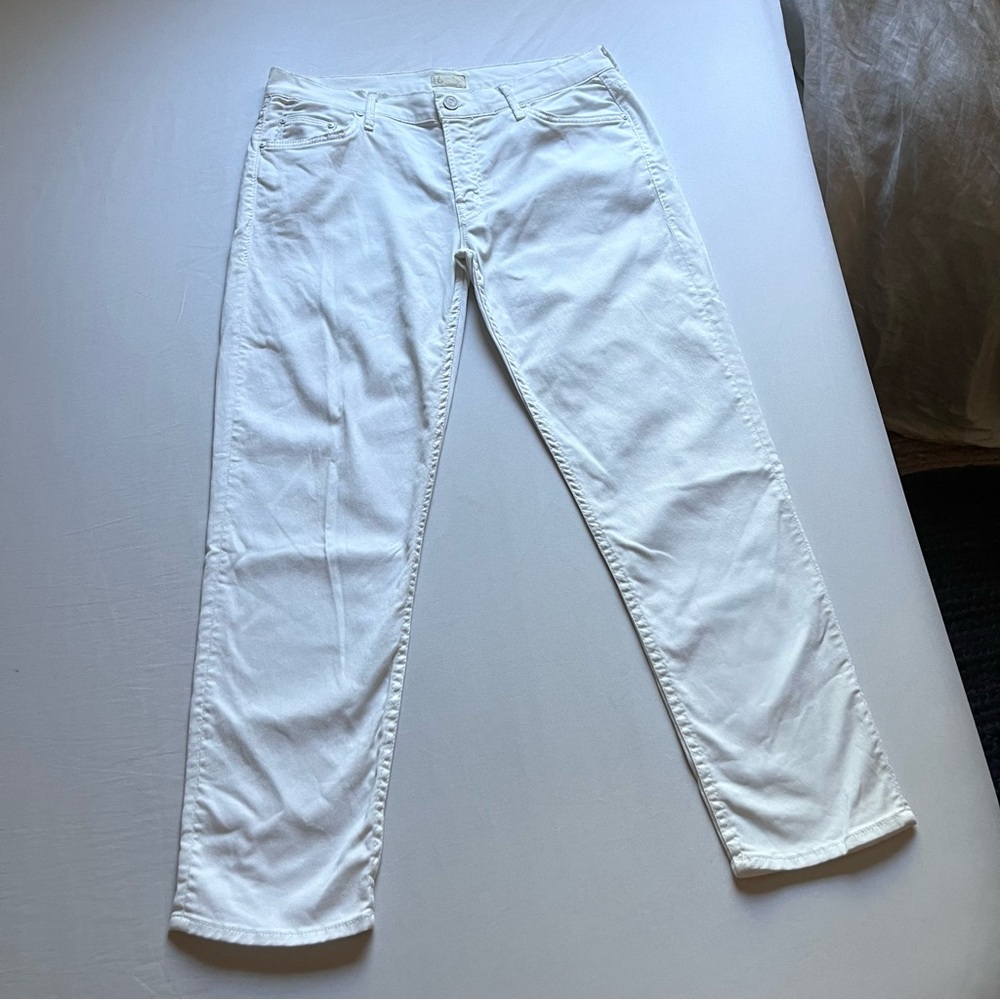 MOTHER white the dropout cotton lyocell denim slim straight cropped jeans